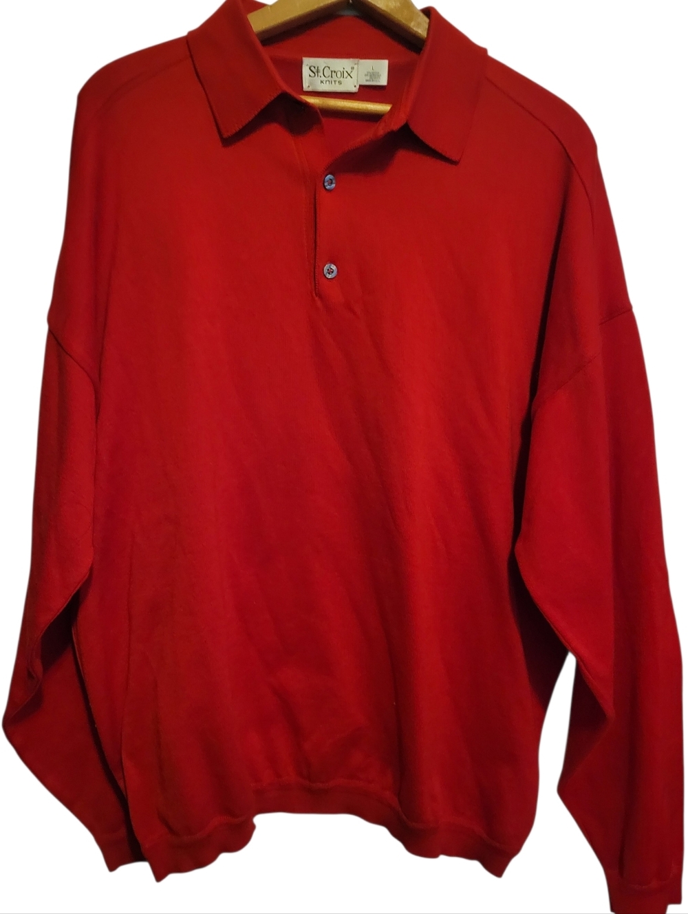 St Croix Polo Long Sleeve Cotton Button Red Size Large